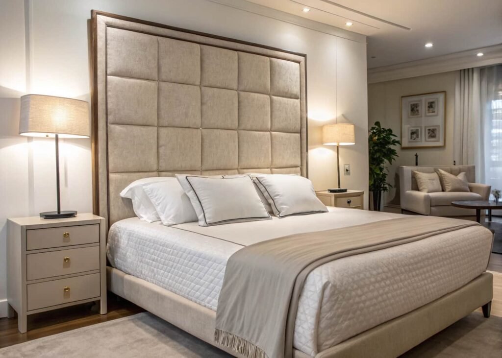 Budget-friendly upholstered headboard behind a neatly styled bed