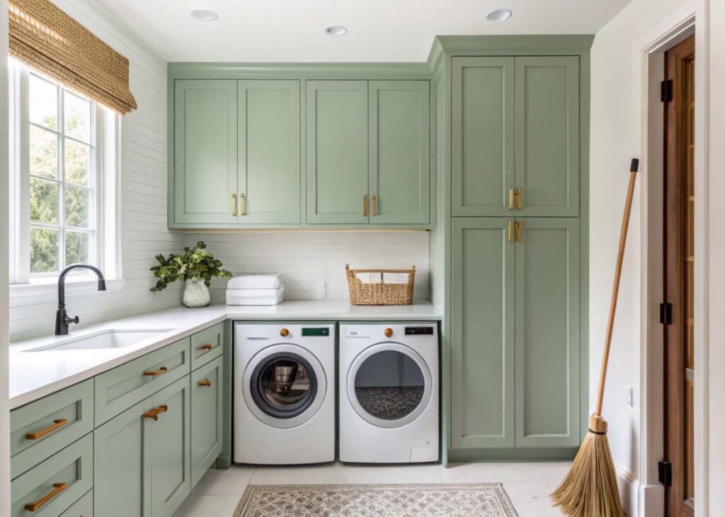 Laundry room with sage green cabinets and brass handles above a washer and dryer
