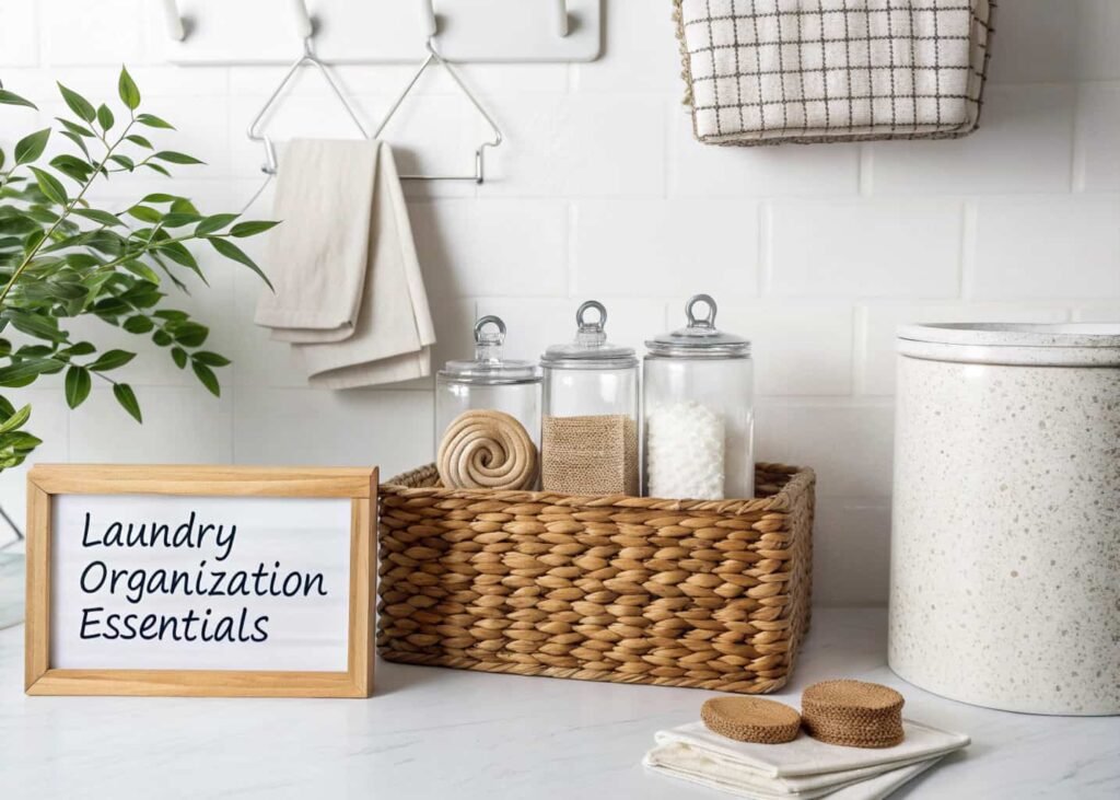 Flat-lay of clear jars, baskets, hooks, and labels used for laundry room organization.