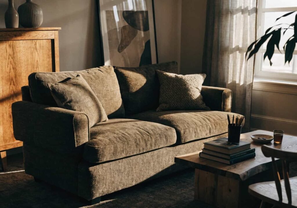 Earthy tone couch replacing grey sofas in 2026 living room trends