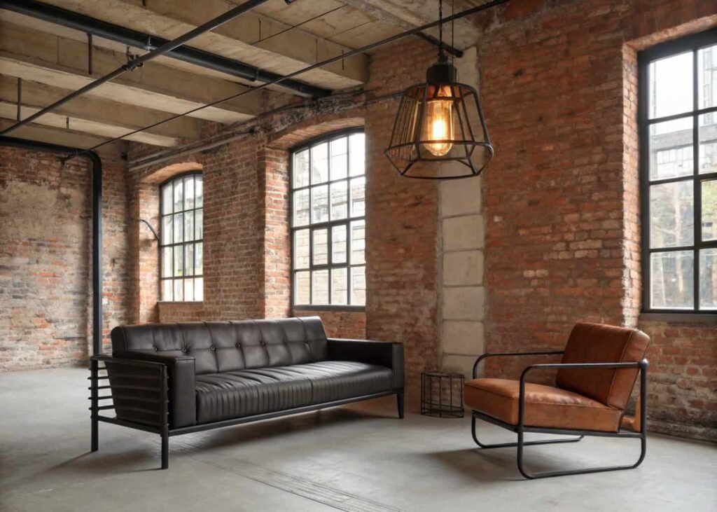 An industrial loft living room with exposed brick, a black metal-framed sofa, cognac leather armchair, and a factory-style pendant light with an exposed bulb.