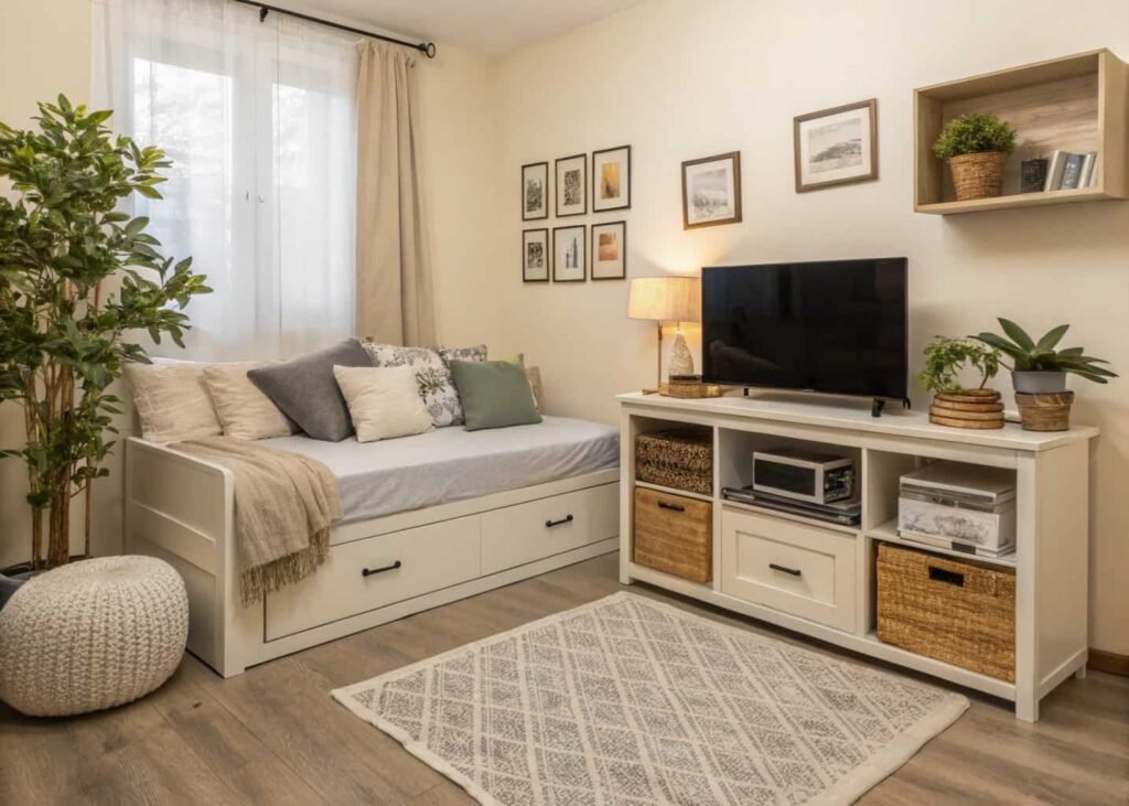 Compact studio living room layout using a daybed and slim furniture