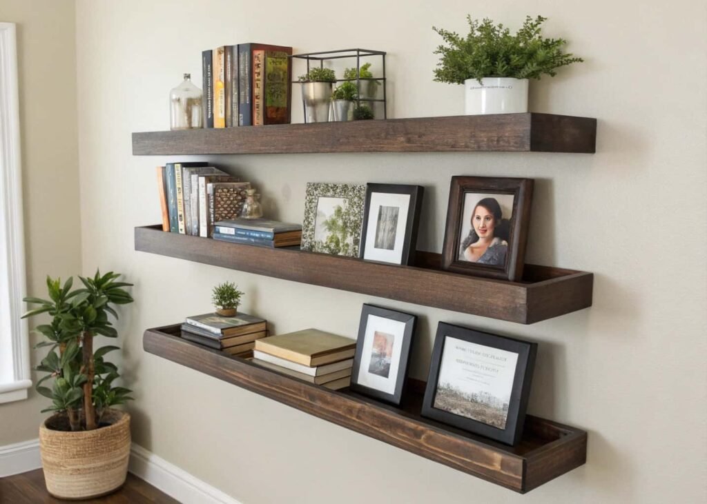 three dark wood floating shelves on a living room wall styled with books, a small plant, and framed photos