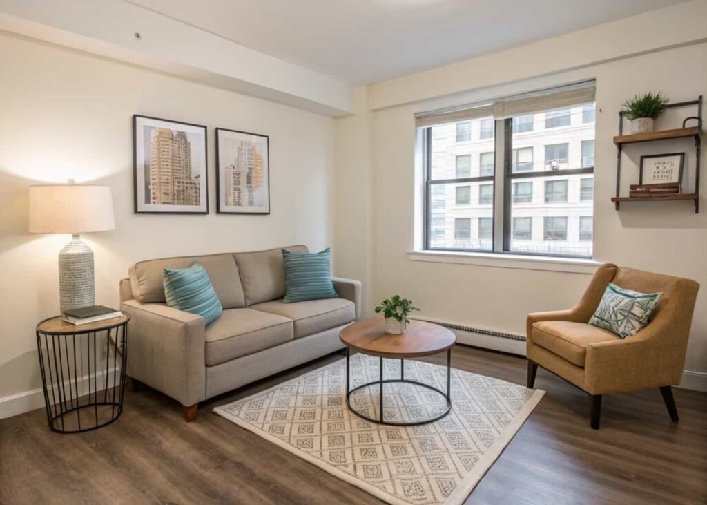 Small apartment living room with leggy furniture and a round coffee table maximizing floor space.