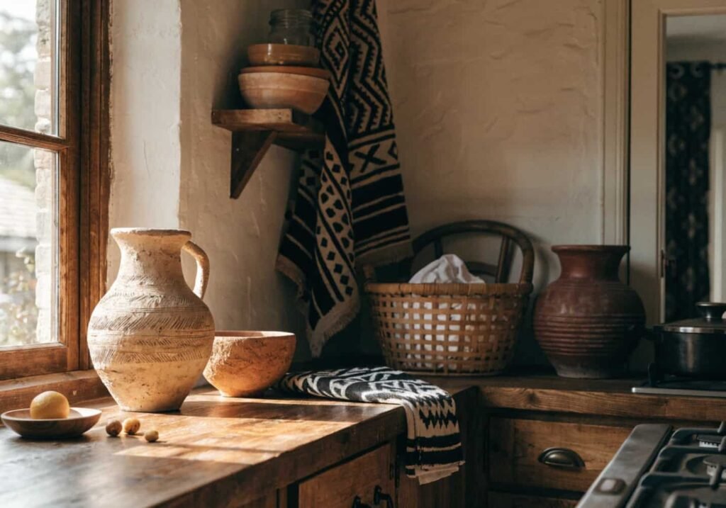 Mudcloth textiles and terracotta pottery styled together in an Afrohemian kitchen corner