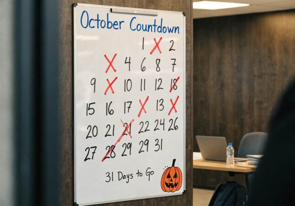 Office white board Halloween countdown grid counting down the days of October.