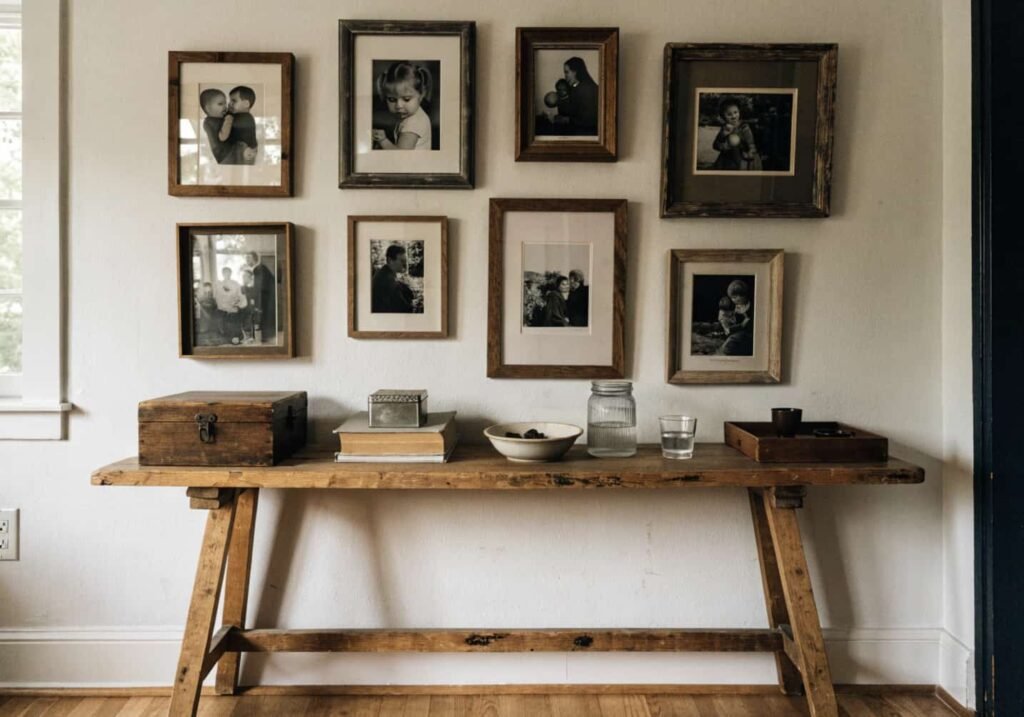 Mismatched wood frame gallery wall in farmhouse style
