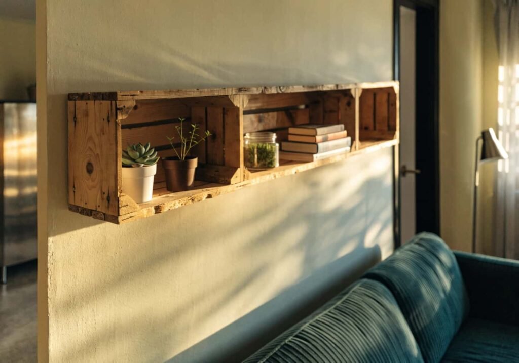 Recycled wooden crate shelf mounted on a living room wall