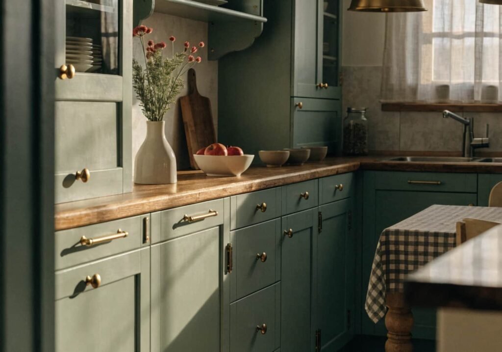 Sage green kitchen cabinets with brass hardware and wood countertops