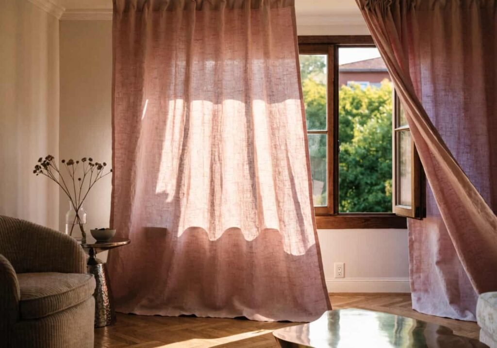 A neutral sofa styled with three pink cushions in different textures — velvet, linen, and knit — plus a folded throw.