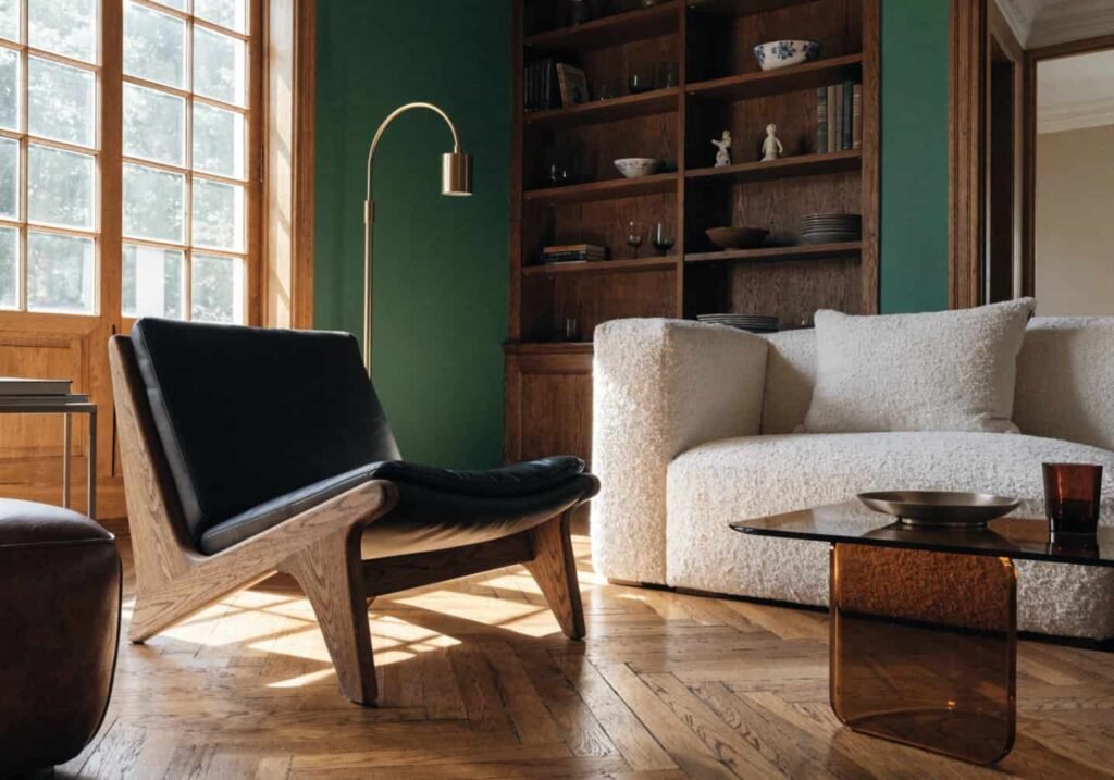 Forest green accent wall paired with wood furniture and brass accents.