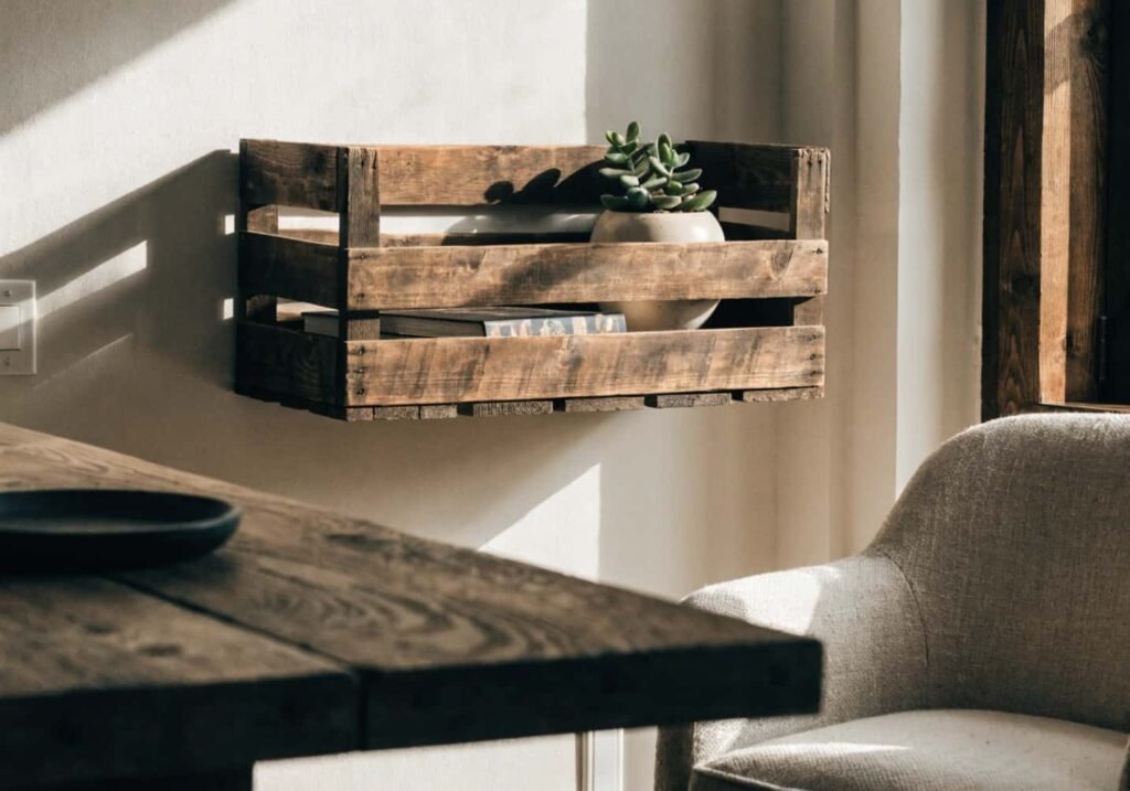 Thrifted wooden crate repurposed as a wall shelf for home decor