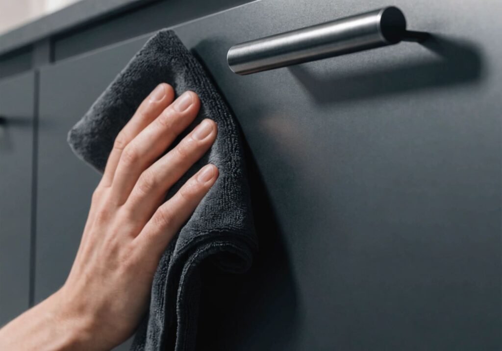 Cleaning matte dark kitchen cabinets with a microfiber cloth