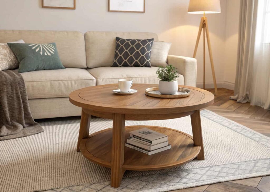 Round coffee table placed at seat height in front of a small sofa for comfortable clearance.