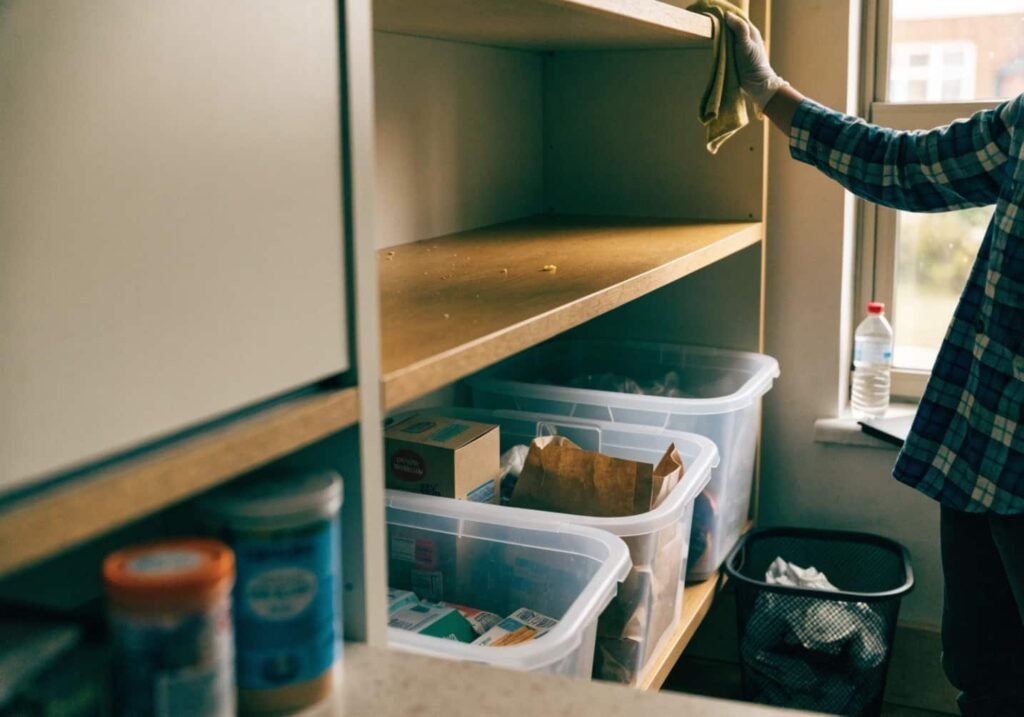 Empty pantry shelf being cleaned during a kitchen pantry organization hacks purge