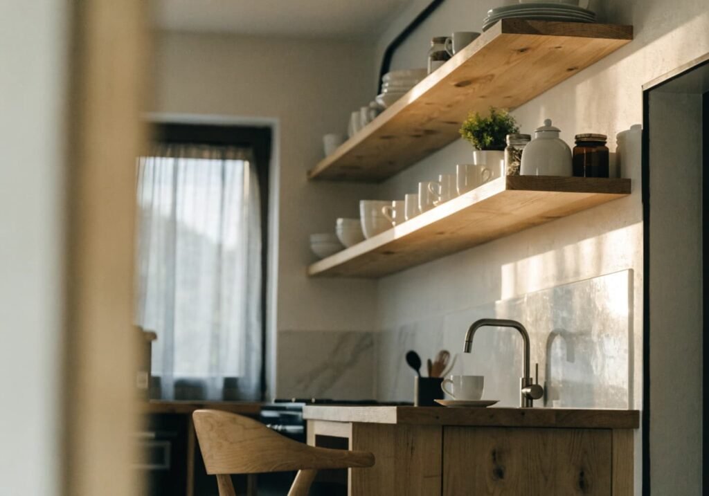 Comparison of open shelving versus closed cabinets in a kitchen design.