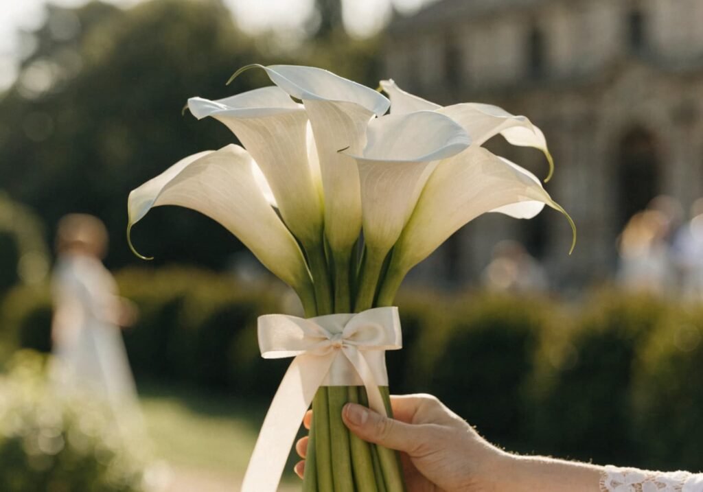White calla lily bridal bouquet tied with ribbon at an outdoor wedding
