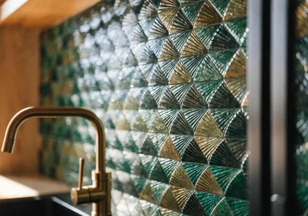 Geometric fan tile backsplash in green and gold for Neo Art Deco kitchen design