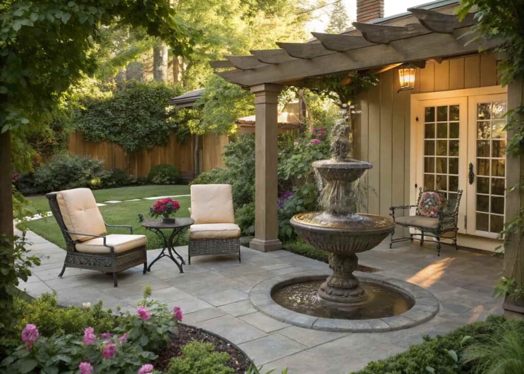 Outdoor garden fountain placed in a partially shaded corner near a patio.
