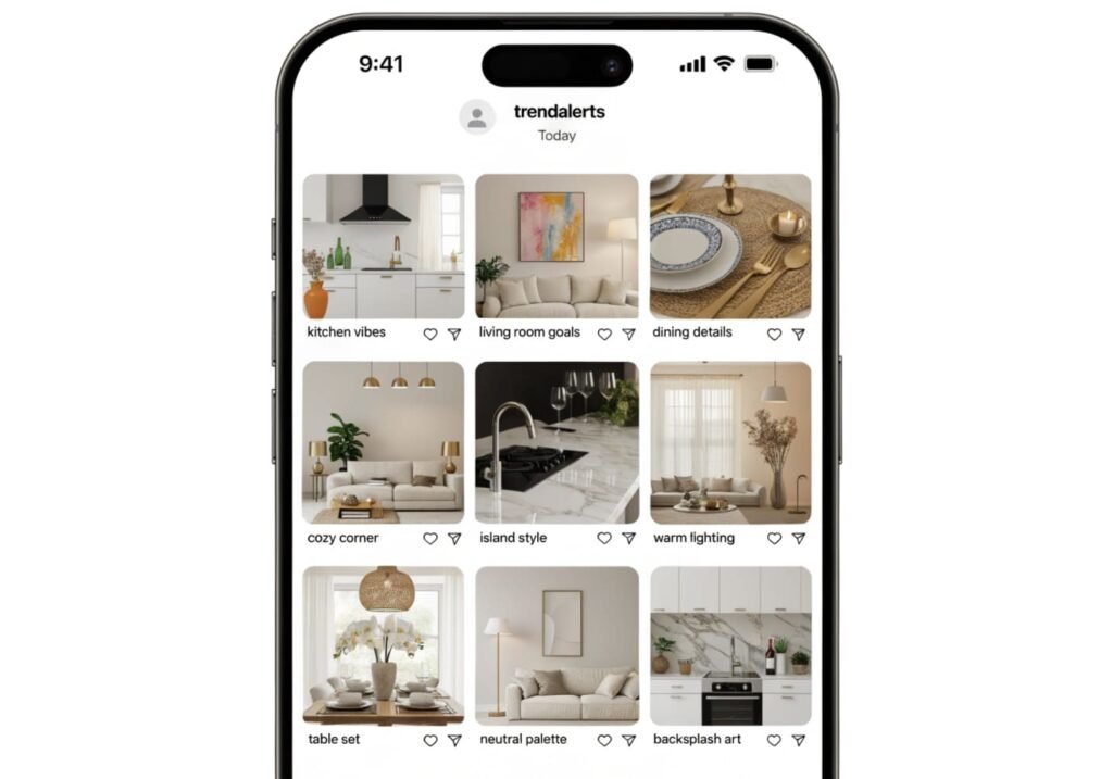 Grid of trending kitchen and living room decor images shown on a phone screen, representing a social media scroll of current interior design trends.