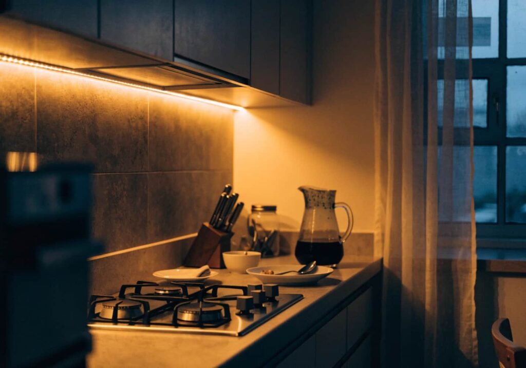 DIY under-cabinet LED strip lighting in a kitchen