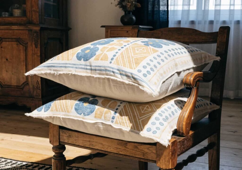 Handmade block-print cushion covers styled on an armchair