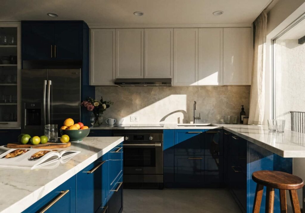 Navy blue lower cabinets paired with white upper cabinets in a bright kitchen