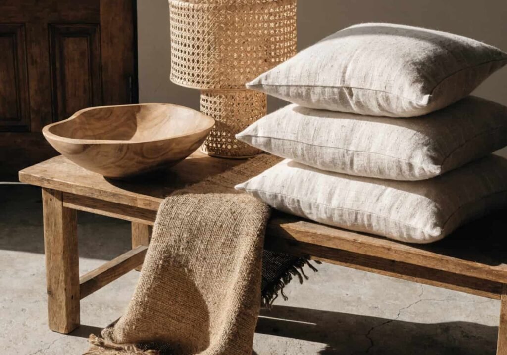 Eco-friendly natural material decor items including jute, linen, and rattan.