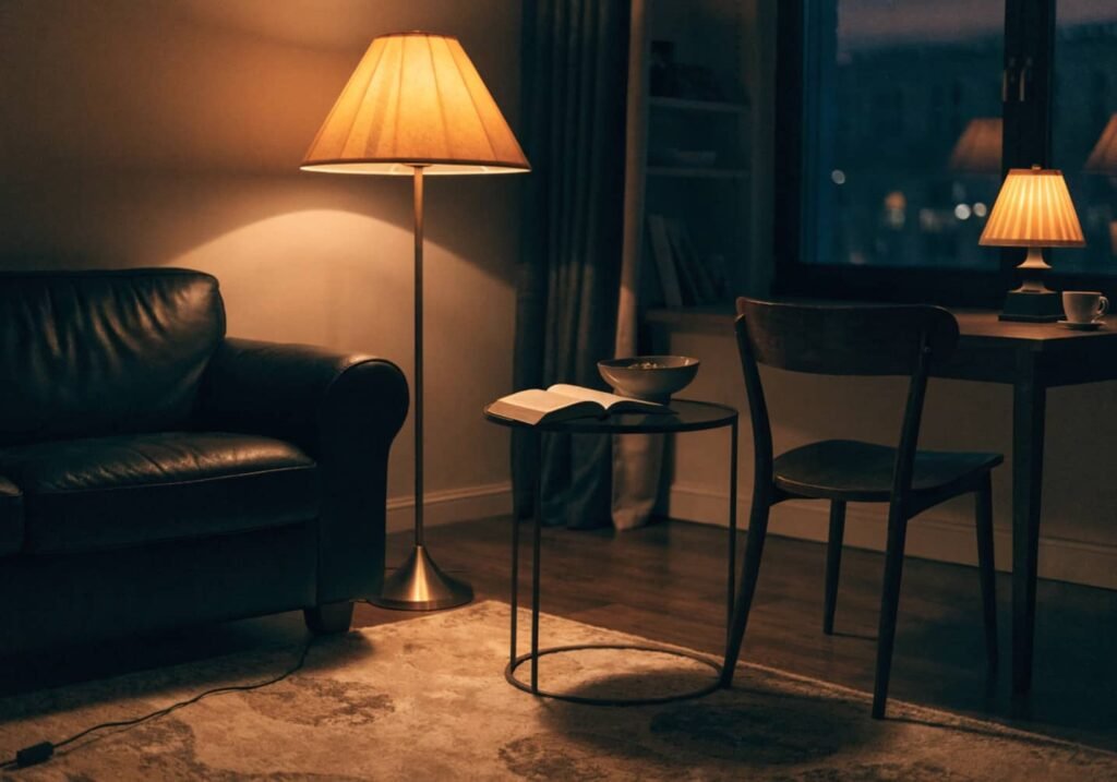 Budget lighting idea using warm bulbs and layered lamp placement