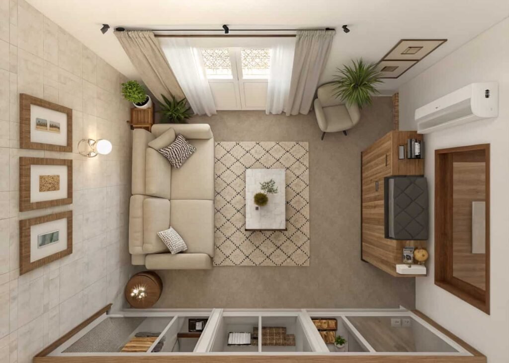 Small living room layout showing a clear traffic path between furniture and the doorway.
