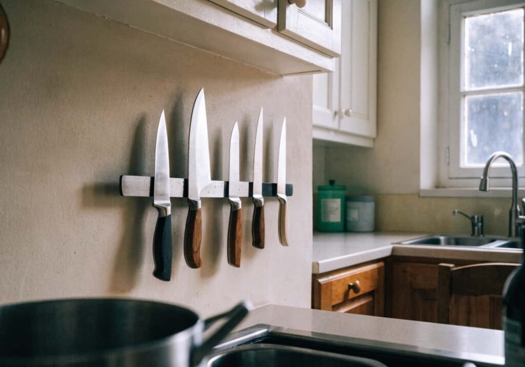 Magnetic strip holding kitchen knives on a wall
