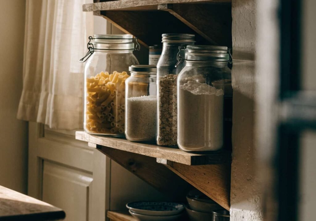 Clear glass containers organizing dry goods as part of kitchen pantry organization hacks