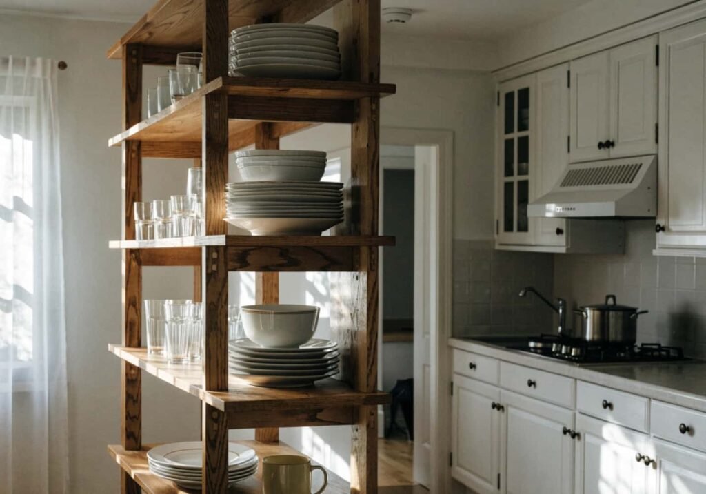 Wood, metal, and glass open shelving material options for kitchens.