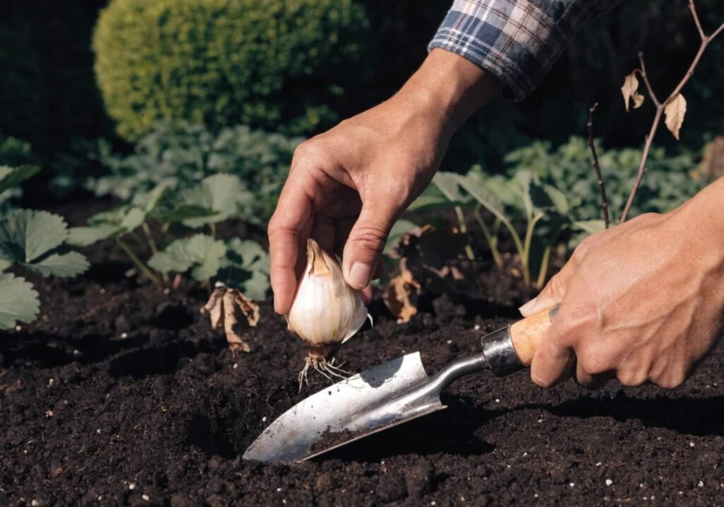Hands planting a lily bulb into soil with a garden trowel</br>