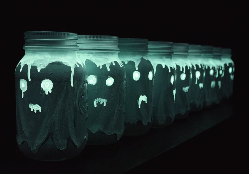 Glow-in-the-dark ghost mason jar craft glowing green in a dark room.