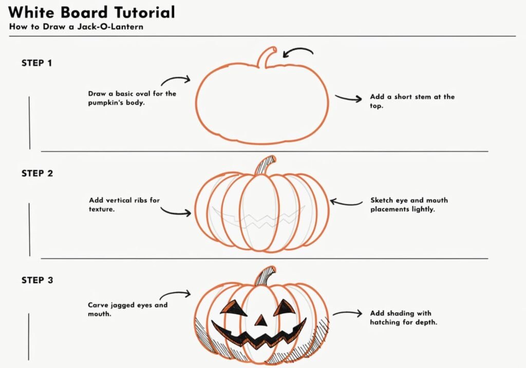 Three-step white board tutorial for drawing a jack-o-lantern pumpkin face.