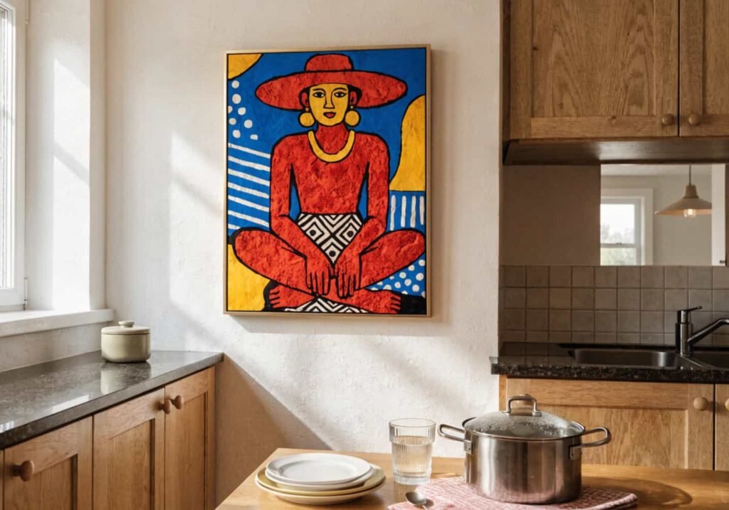 Bold Afrohemian art print serving as the focal point of a simple kitchen wall
