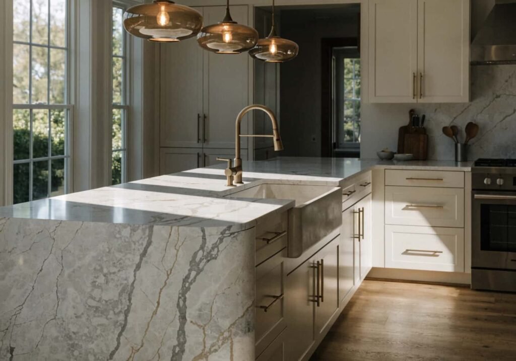 Marble-look quartz countertop and brass hardware in practical Neo Art Deco kitchen