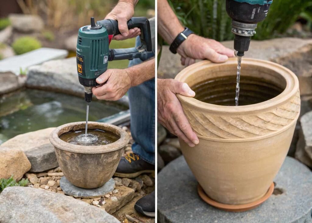 Step-by-step process of building a DIY pot fountain with a submersible pump.