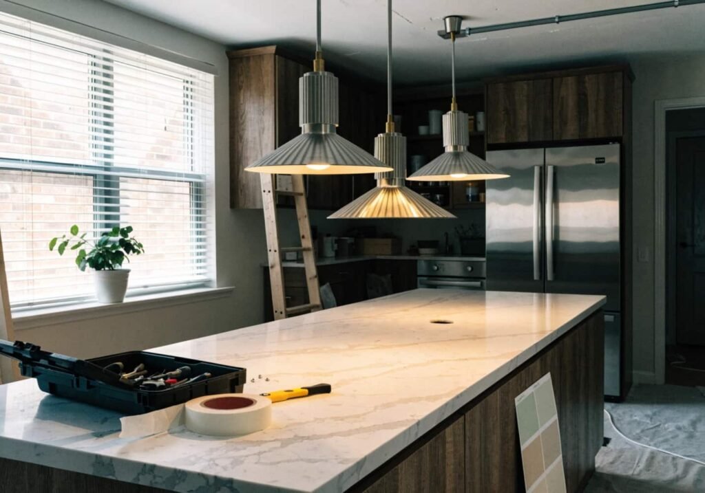 A kitchen island with newly installed pendant lighting fixtures, contractor tools and a paint swatch nearby, showing a decor project in progress.