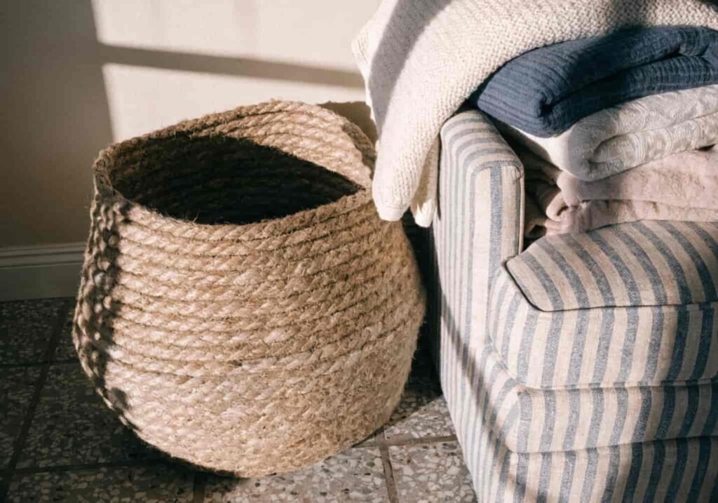 DIY coiled rope storage basket in a living room