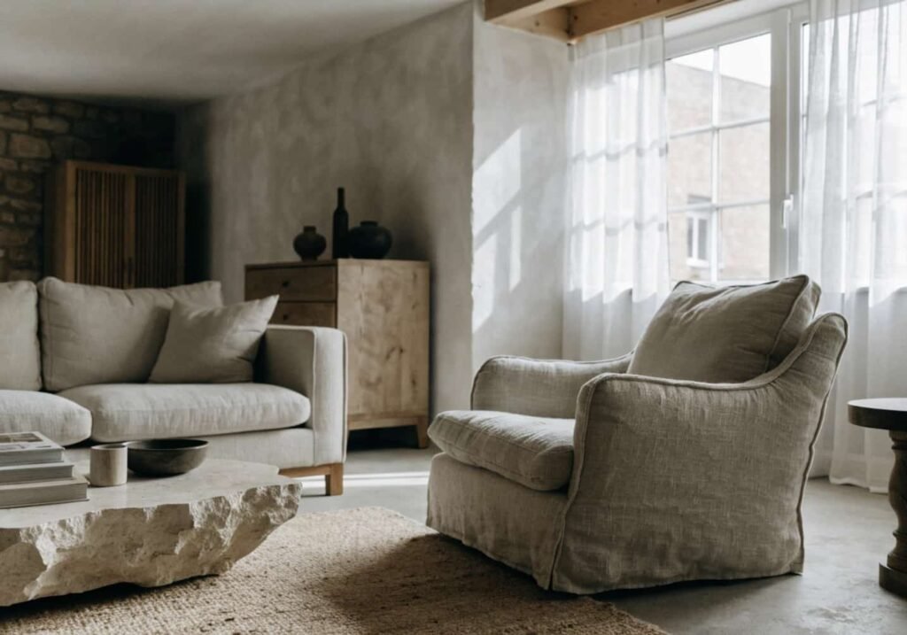 Layered neutral tones and textures in a modern living room design.
