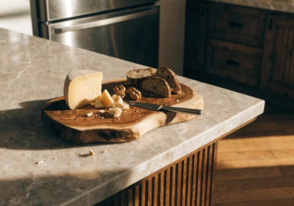 Handmade live-edge wooden serving board on a kitchen island