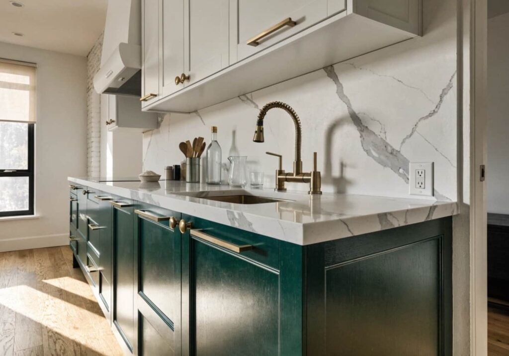 Two-tone kitchen with dark green lower cabinets and white upper cabinets.