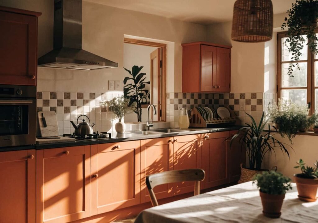 Terracotta orange kitchen cabinets with Mediterranean-inspired warm styling