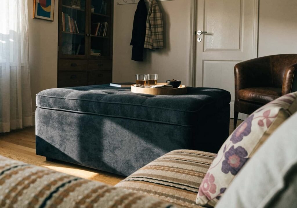 Multi-purpose storage ottoman used as coffee table in a small living room