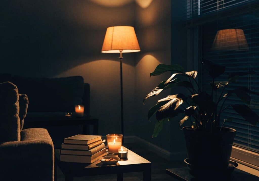 Cozy dark living room with warm lighting, plants, and layered textiles