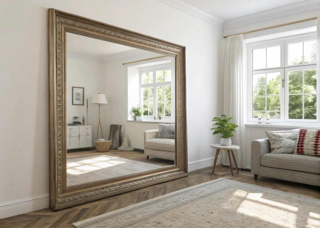Large mirror placed opposite a window to reflect light and create the illusion of a bigger living room.