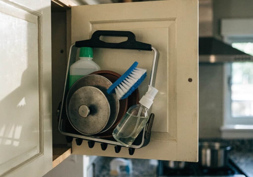 Cabinet door storage rack holding pot lids and cleaning supplies
