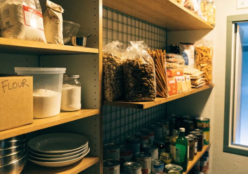 Pantry shelves divided into zones showing practical kitchen pantry organization hacks